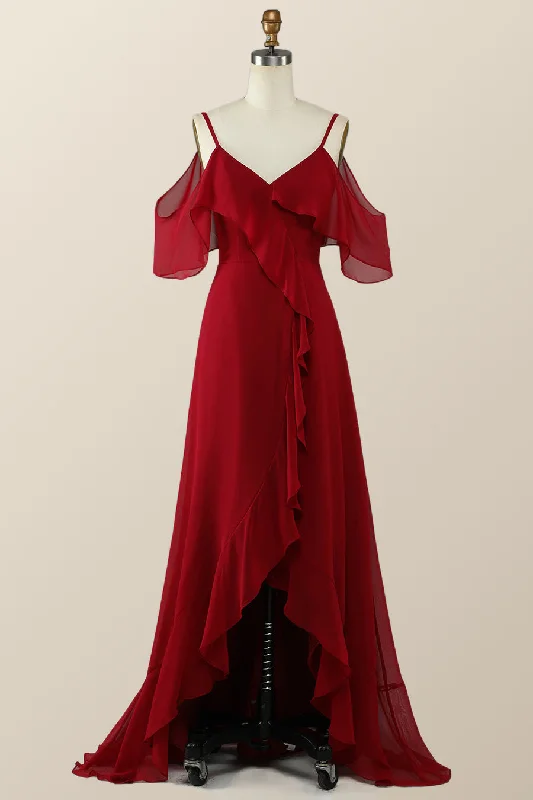 Timeless Lace Dress Hi-Low Cold Sleeves Red Ruffle Long Bridesmaid Dress