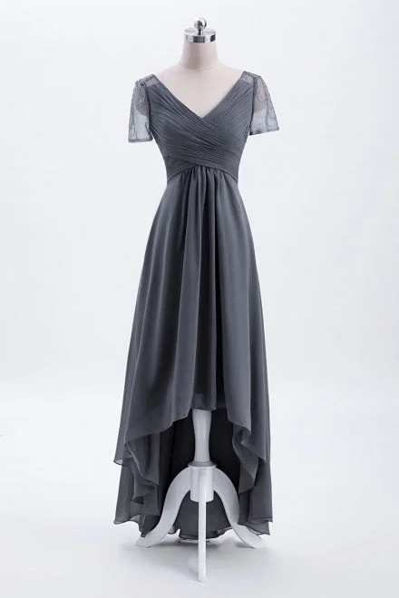 Hi-Low Grey Beaded Bridesmaid Dress with Short Sleeves