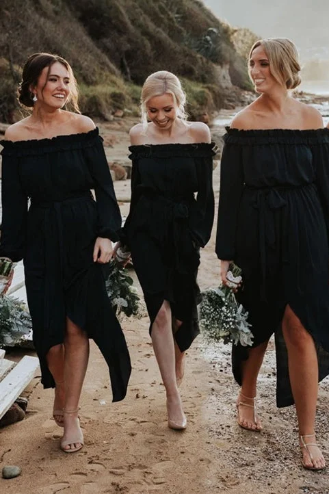 Chic Wedding Gown High-Low Off Shoulder Long Sleeves Black Bridesmaid Dress with Ribbon