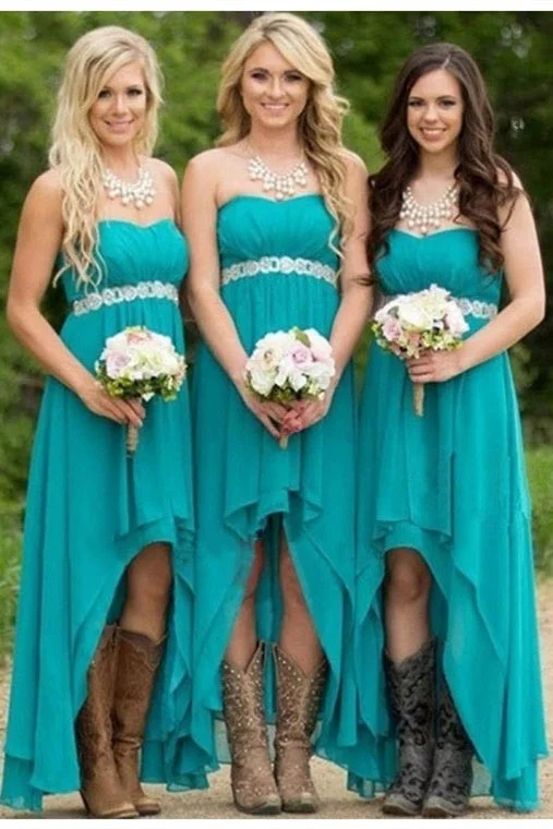 Shimmering Satin Dress High Low Strapless Turquoise Chiffon Bridesmaid Dress with Belt