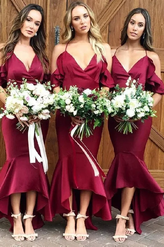 Embellished Gown High Low V Neck Mermaid Burgundy Bridesmaid Dress