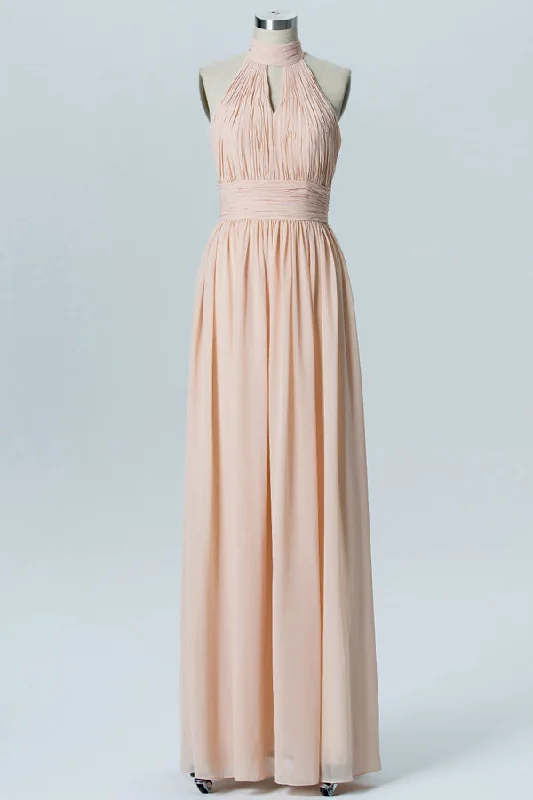 High Neck Peach Key Hole Chiffon Bridesmaid Dress