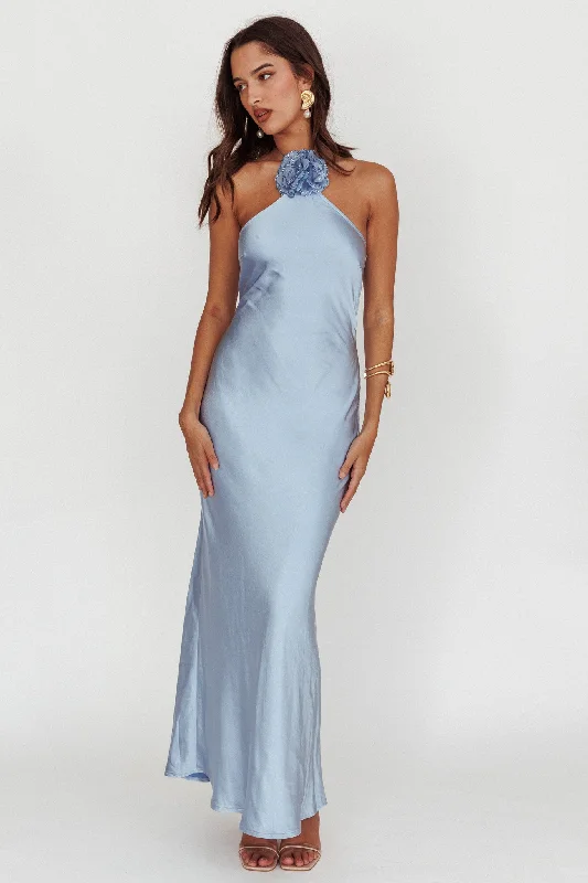 Classic Gown High Roller Flower Decoration Halter Dress Blue