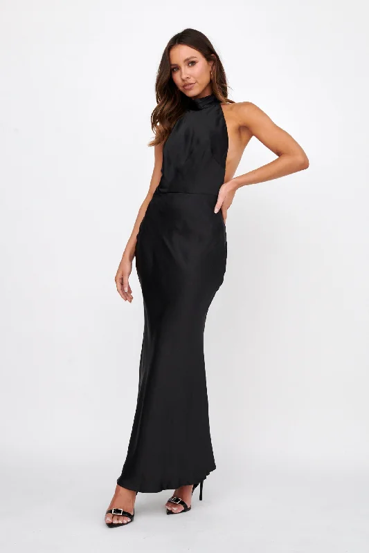 Hand-Beaded Gown Italia Azure Halterneck Pearl Back Maxi Dress Black