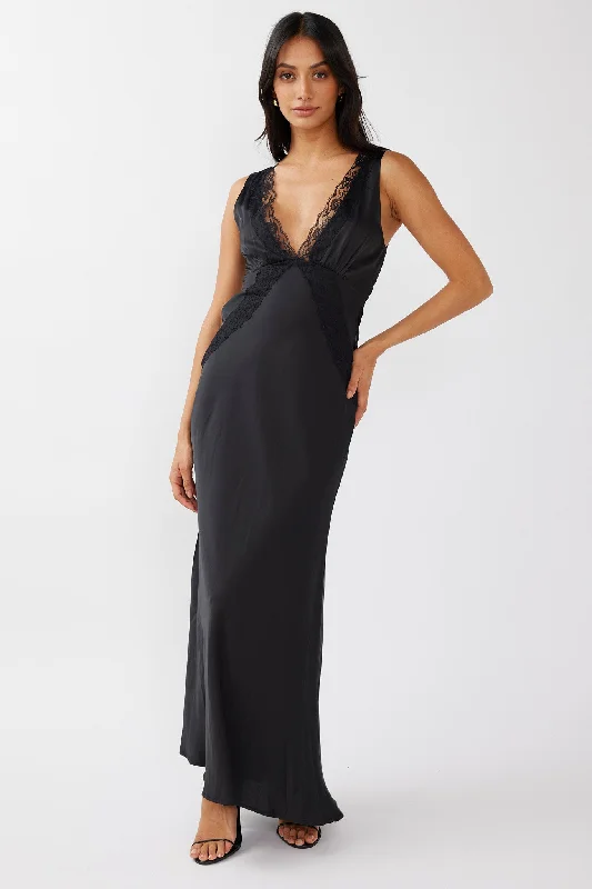 Stunning Wedding Gown Ivonne Lace Trim V-Neck Maxi Dress Black