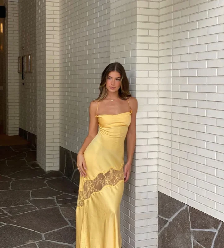 Timeless Dress Yellow Backless Lace Slit Party Dress Simple Wedding Guest Dress,DP1302