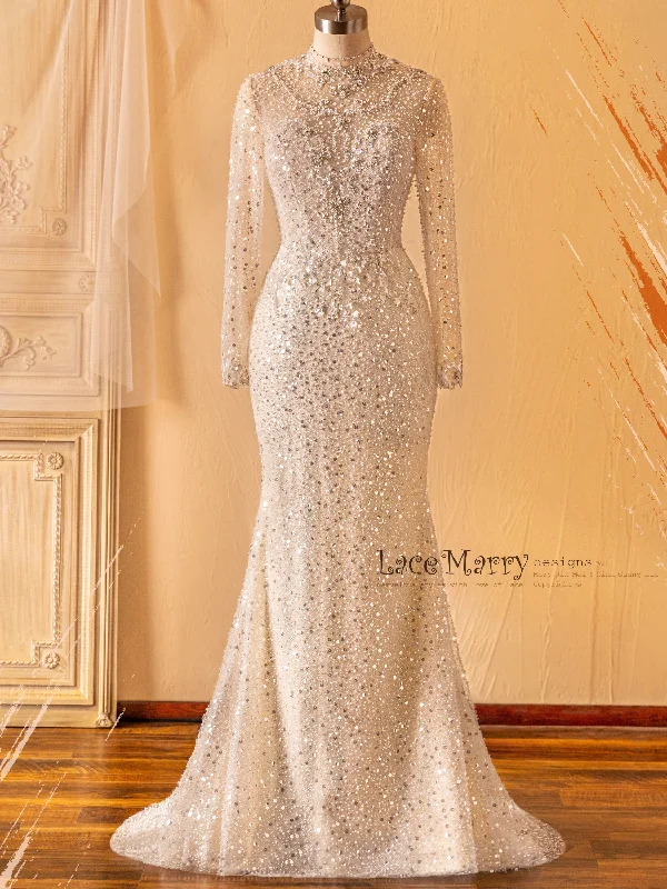 Embroidered Gown JACINDA / All Over Beaded Wedding Dress with Long Sleeves