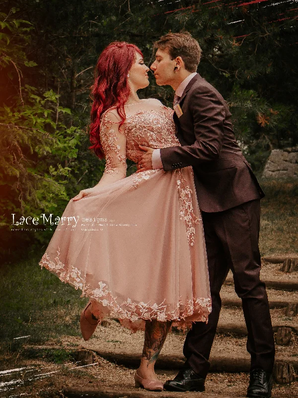 Chiffon Dress JENESSA / Tea Length Blush Wedding Dress with Long Sleeves