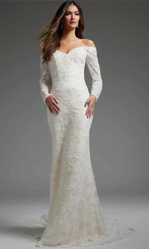 Shimmering Satin Dress Jovani JB40591 - Lace Long Sleeve Bridal Gown