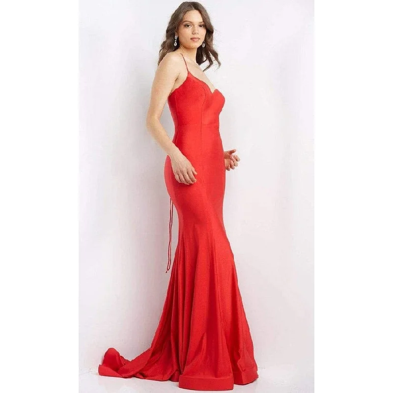 Dreamy Lace Gown JVN by Jovani JVN07643 spaghetti straps trailing into a sculpted silhouette Dreamy Lace Gown JVN by Jovani JVN07643 spaghetti straps trailing into a sculpted silhouette