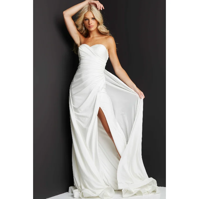 Silk Organza Gown JVN by Jovani JVN07648 evening strapless bridal fitted gown with attached train Silk Organza Gown JVN by Jovani JVN07648 evening strapless bridal fitted gown with attached train