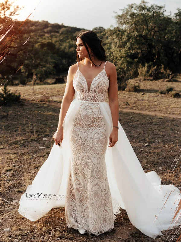 Shimmering Satin Dress KAILEY / Lace Boho Wedding Dress with Deep V Neck