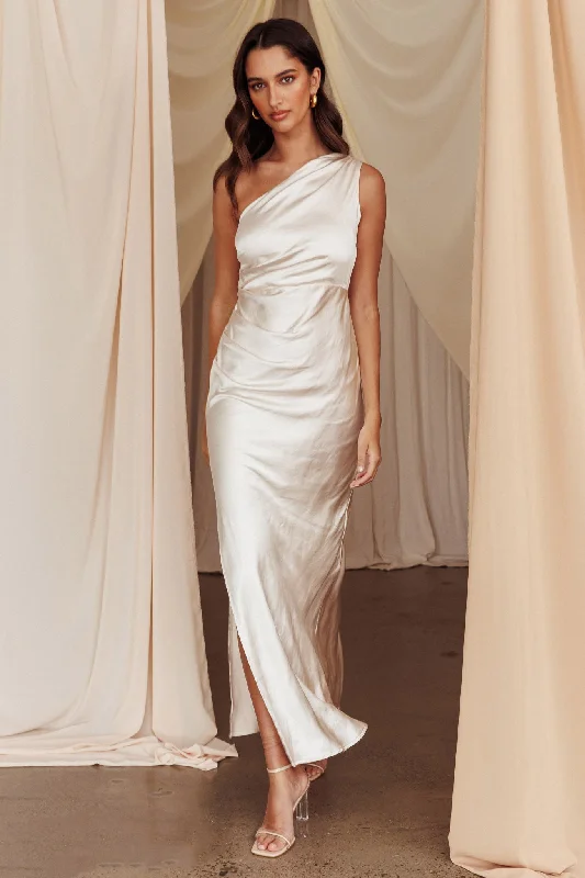 Illusion Neckline Dress Kamillia One-Shoulder Split Maxi Dress Champagne