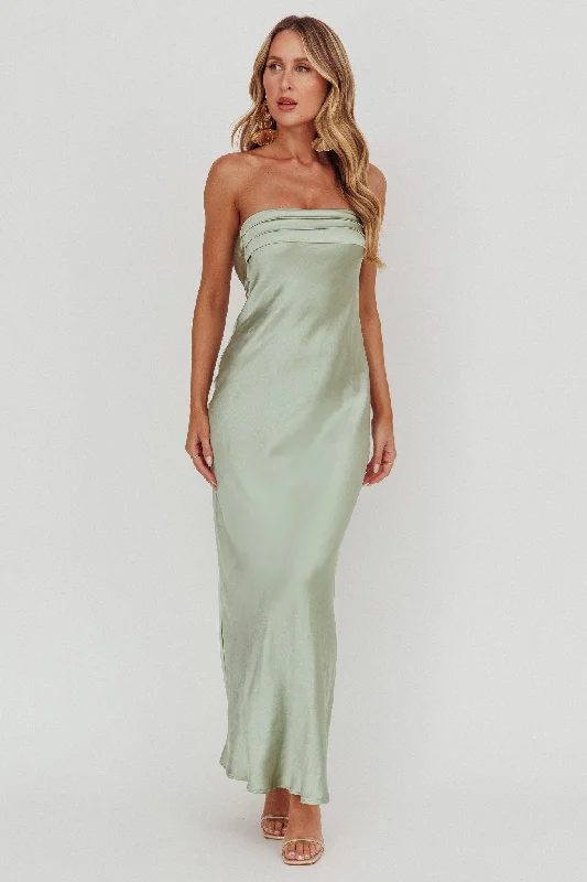 Kona Strapless Pleated Bust Satin Maxi Dress Sage