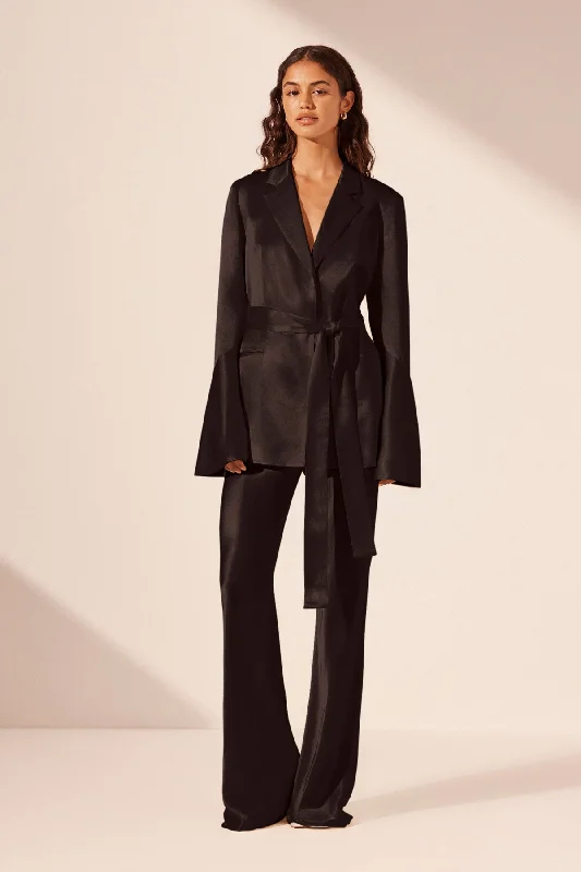 Illusion Neckline Dress LA LUNE FLARED SLEEVE BELTED BLAZER - BLACK