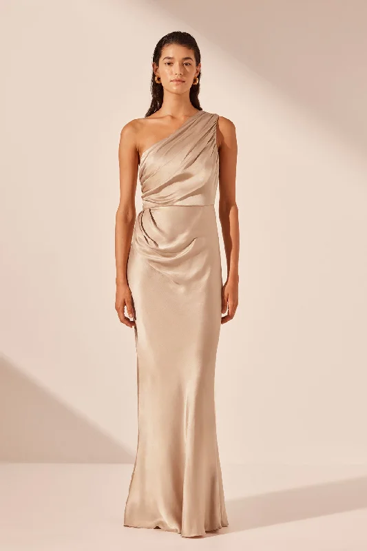 A-Line Dress LA LUNE GATHERED ONE SHOULDER MAXI DRESS - GOLD