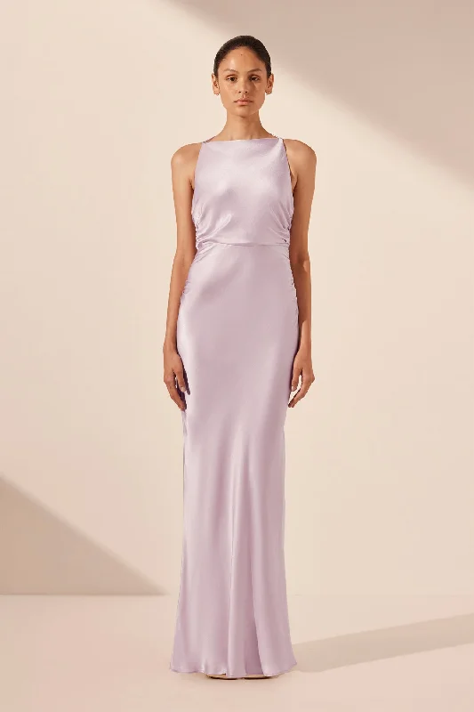 Hand-Stitched Lace Dress LA LUNE HIGH NECK RUCHED MAXI DRESS - LILAC