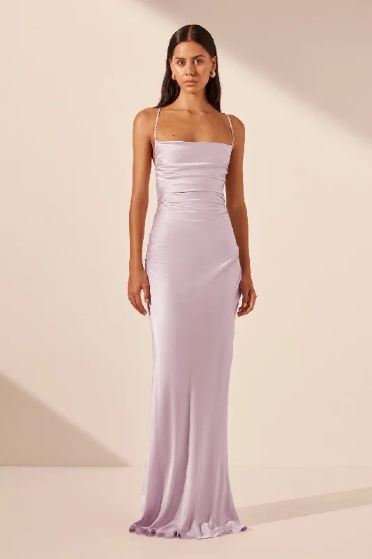 Floral Appliqué Gown LA LUNE LACE BACK MAXI DRESS - LILAC