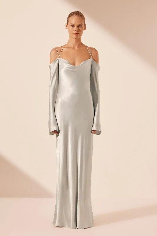 Embellished Gown LA LUNE OFF SHOULDER TIE MAXI DRESS - SILVER