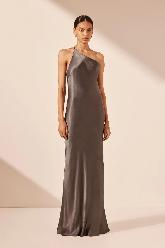 Tea-Length Dress LA LUNE ONE SHOULDER COWL BACK MAXI DRESS - GRAPHITE