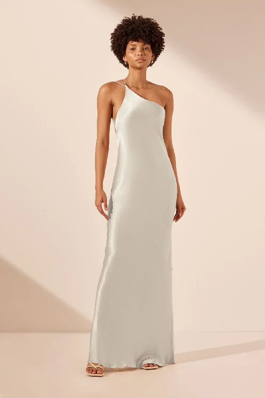 High Neck Dress LA LUNE ONE SHOULDER COWL BACK MAXI DRESS - SILVER
