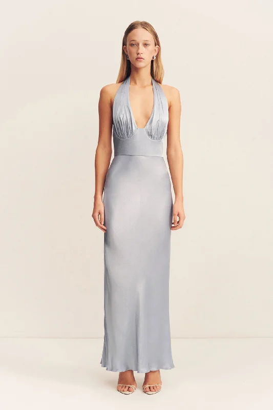 Flowing Wedding Gown LA LUNE PLUNGED HALTER MIDI DRESS - POWDER BLUE