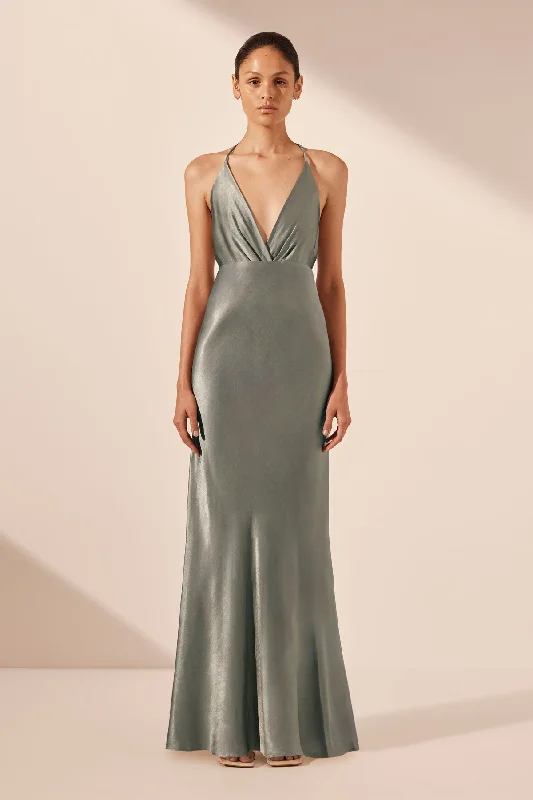Organza Dress LA LUNE PLUNGED OPEN BACK HALTER MAXI DRESS - SAGE