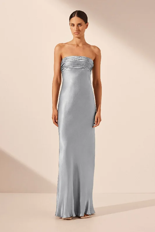 Minimalist Crepe Dress LA LUNE STRAPLESS RUCHED BODICE MAXI DRESS - POWDER BLUE