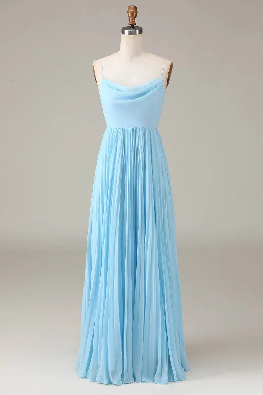 Sparkly Gown Lace-Up Cowl Neck Light Blue A-Line Chiffon Bridesmaid Dress