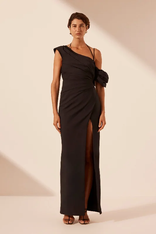 Flowy Chiffon Dress LANI ASYMMETRICAL DRAPED MAXI DRESS - BLACK