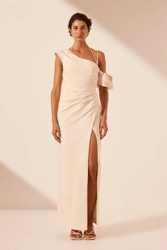 High Slit Gown LANI ASYMMETRICAL DRAPED MAXI DRESS - RICE