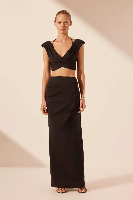 Handcrafted Wedding Gown LANI CROSS FRONT RUCHED CROP TOP - BLACK