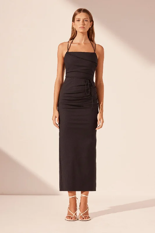Vintage-Inspired Gown LANI DRAPED CROSS BACK MIDI DRESS - BLACK