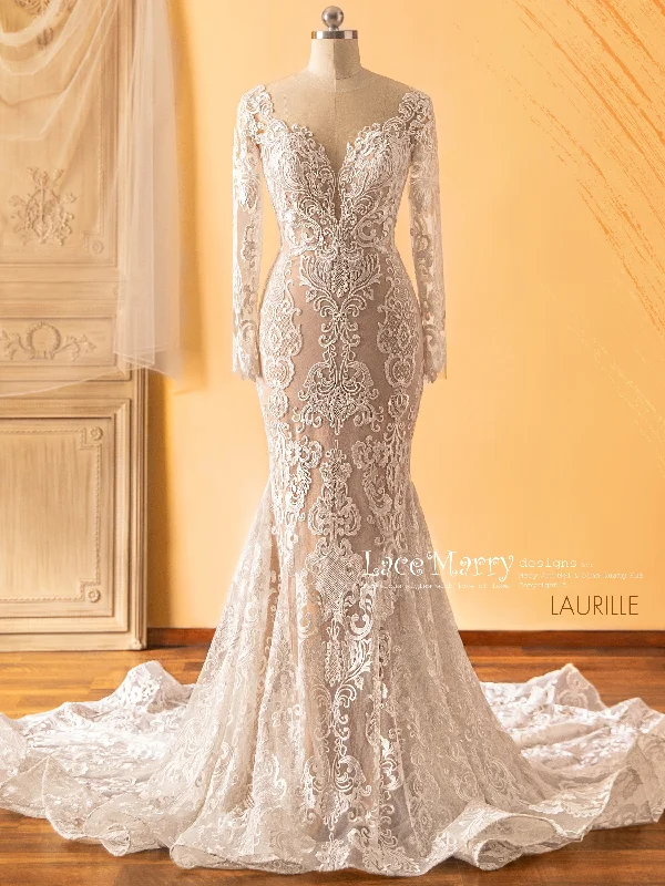 Strapless Ball Gown LAURILLE / Lace Wedding Dress with Long Sleeves
