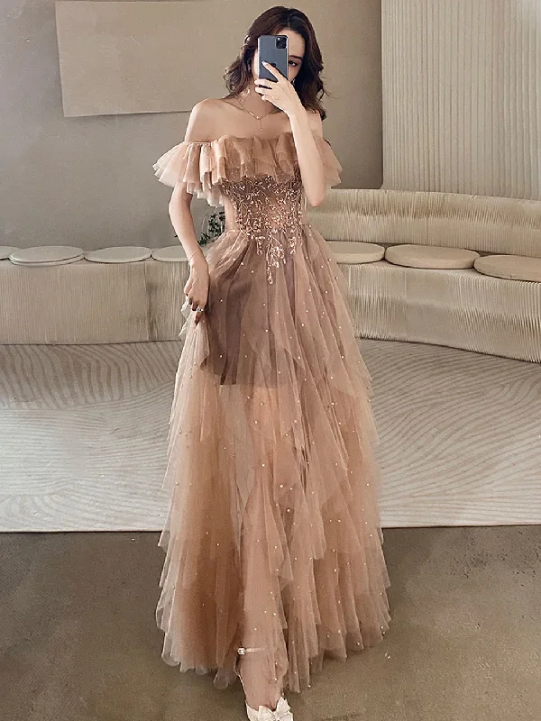 Classic Gown Champagne Off Shoulder Tulle Lace Long Prom Dress,DP1080