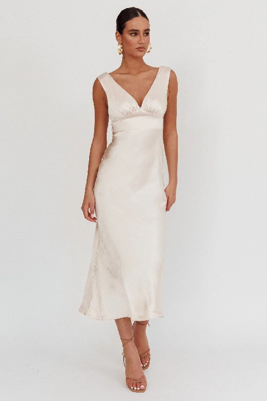 Chic Wedding Gown Leila V-Neck Low Back Satin Midi Dress Ivory