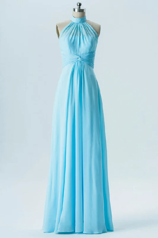 Light Blue Halter Ruched Long Bridesmaid Dress