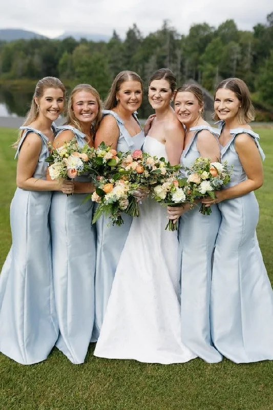 Hand-Beaded Gown Light Blue Slit Bridesmaid Dress with Bow Tie Straps
