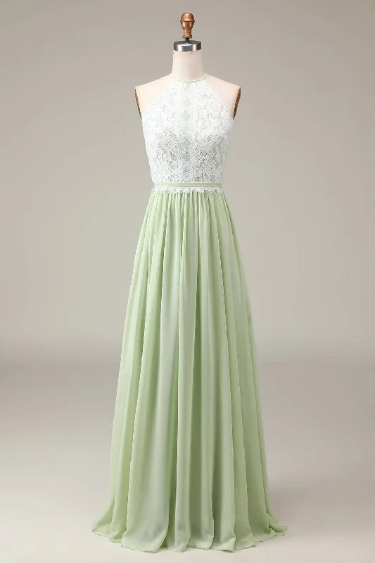 Fairytale Gown Light Green Lace Top A-Line Long Bridesmaid Dress