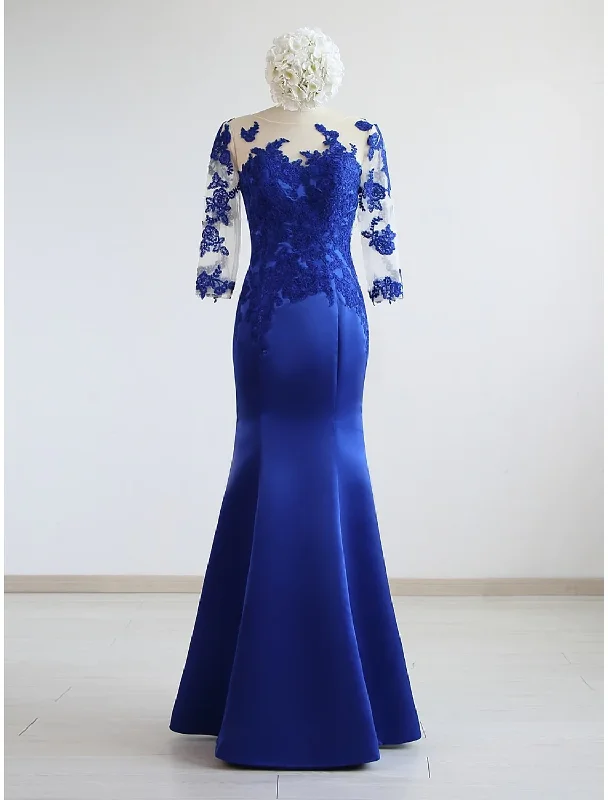 Open Back Dress Royal Blue Appliques Half Sleeves Mermaid Formal Party Dress,DP1459