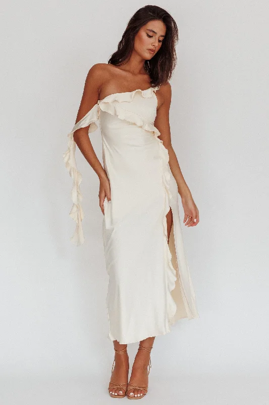 Statement Dress Like Yesterday Satin Ruffle Midi Dress Butter