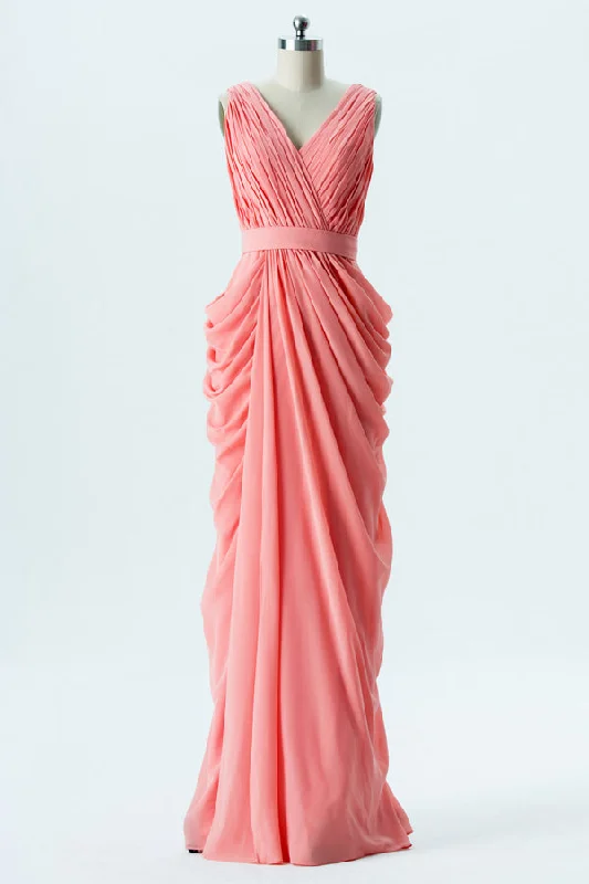 Short Wedding Dress Long Chiffon Coral Ruched Bridesmaid Dress