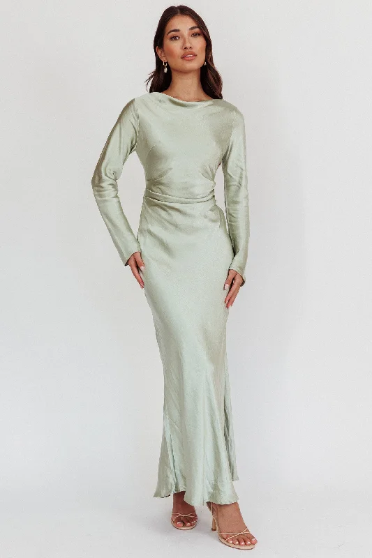 Hand-Beaded Gown Loveland Cowl Back Midi Dress Sage