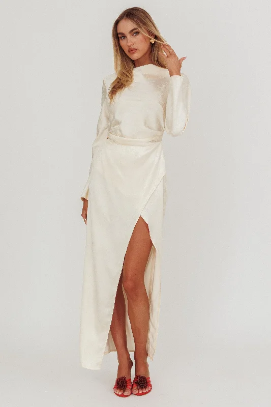 Modern Gown Loveland Long Sleeve Cowl Back Maxi Dress Beige