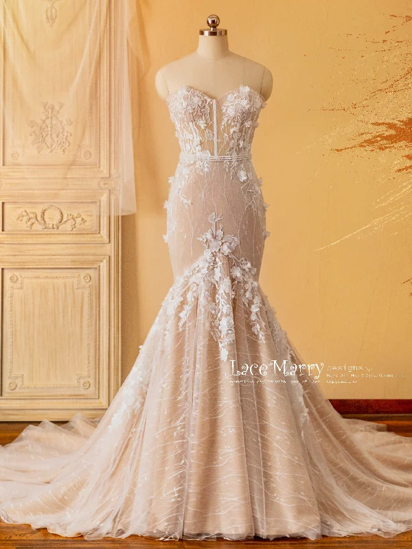 Traditional Gown MARISSA / Strapless Mermaid Wedding Dress with Flutter Sleeves