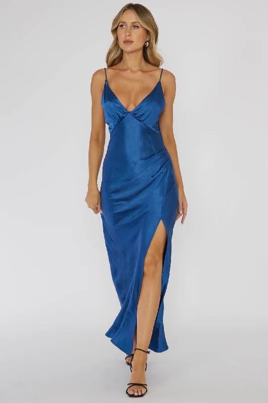 Elegant Satin Dress Marlie Side Pleat Maxi Dress Navy