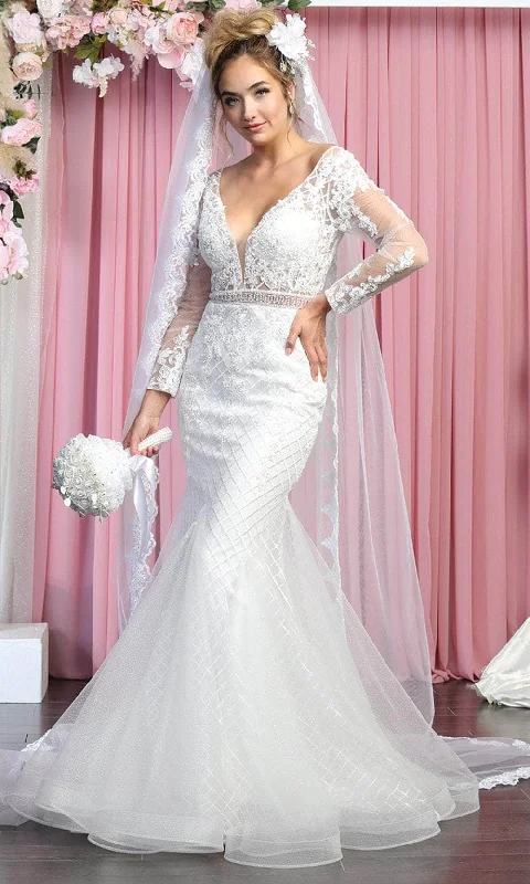 Tulle Gown May Queen - Embroidered Long Sleeve Bridal Gown RQ7896 - 1 pc Ivory In Size 20 Available