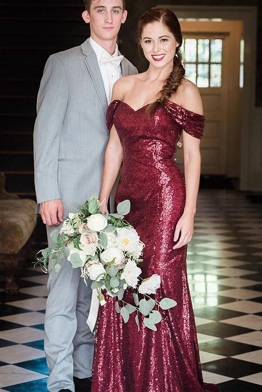 High Neck Dress Mermaid Off-Shoulder Burgundy Sequins Long Bridesmaid Dress