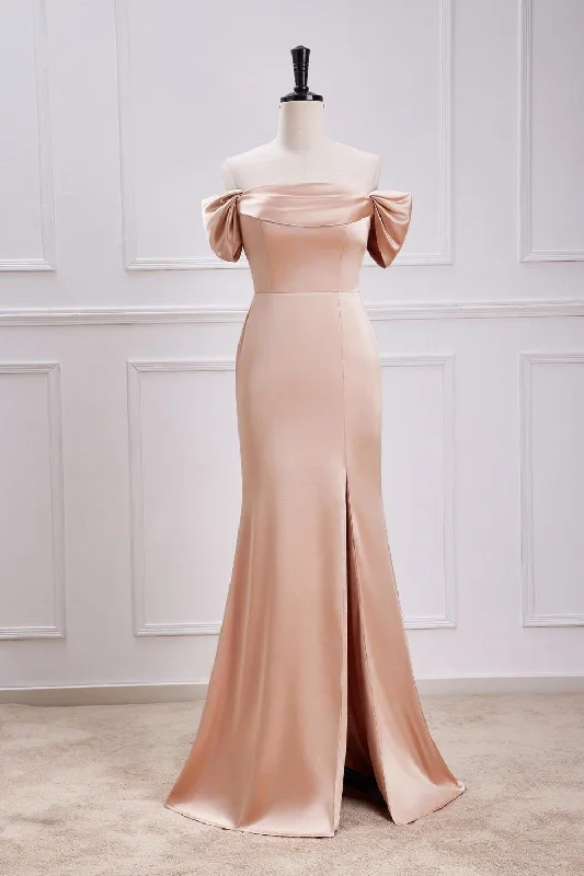 Strapless Ball Gown Mermaid Champagne Off the Shoulder Satin Bridesmaid Dress