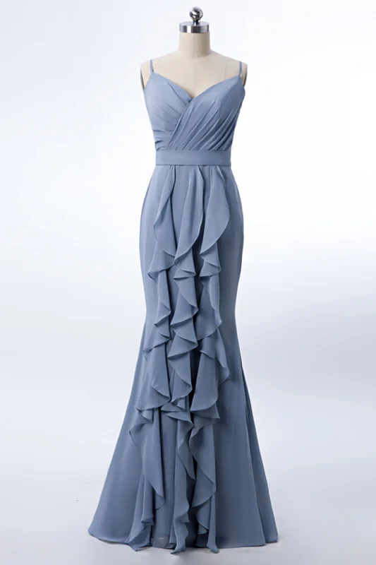 Ethereal Dress Mermaid Dusty Blue Chiffon Bridesmaid Dress with Ruffles